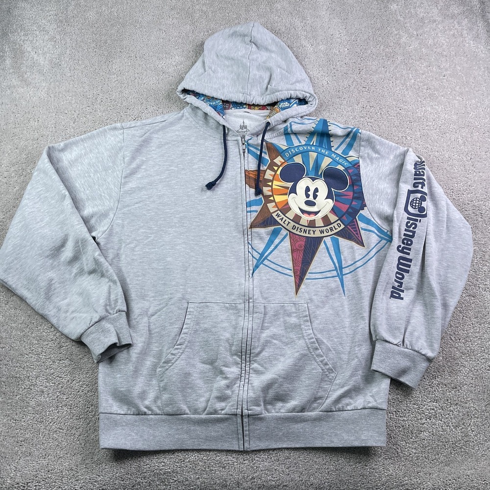 Disney Parks Hoodie Mens‎ XL Grey Full Zip Mickey Mouse Compass Sleeve Spellout